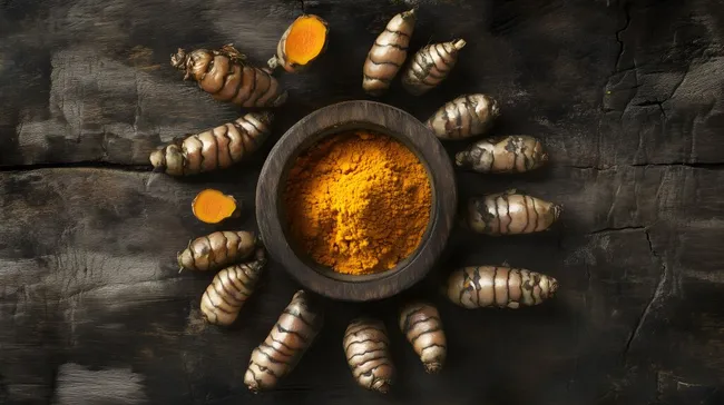 Rustikales Kurkuma-Pulver mit frischen Wurzeln