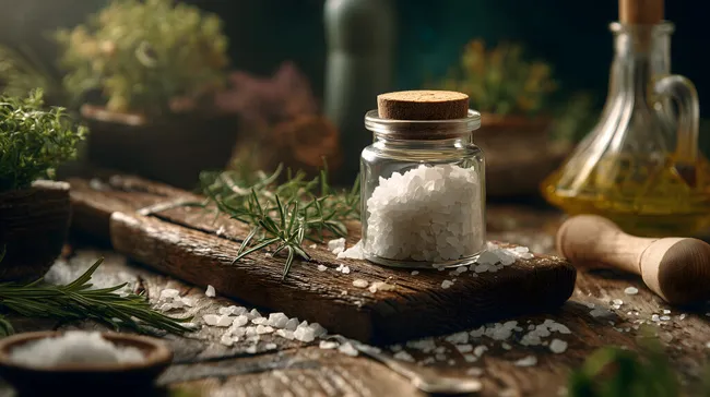 Rustikales Meersalz in Glasbehälter mit Kräutern