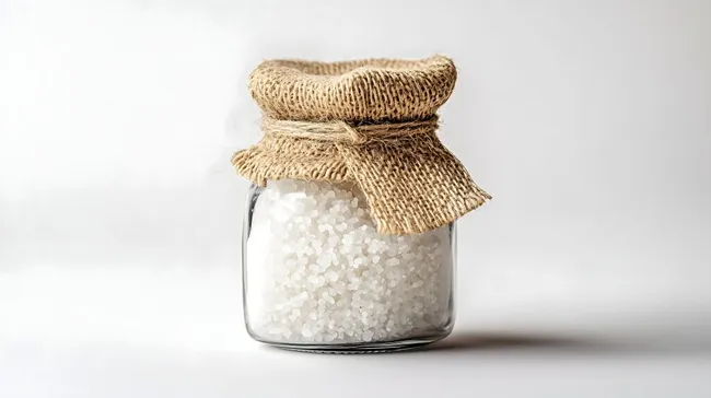 Rustikales Meersalz in Glasgefäß auf weißem Hintergrund