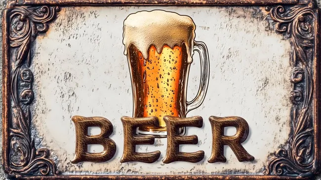 Rustikales Metallschild mit Bierglas und Schaumkrone