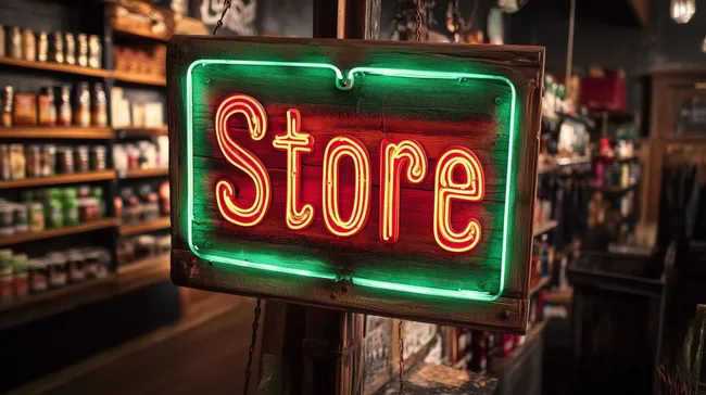 Rustikales Neonschild eines Ladengeschäfts