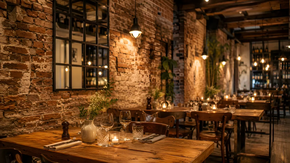 Rustikales Restaurant mit Backsteinwänden und Kerzenlicht