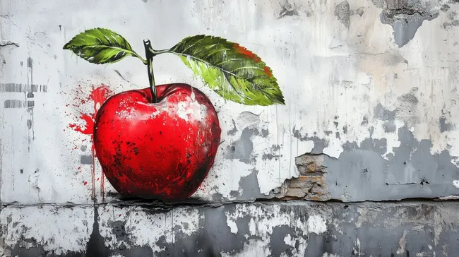 Rustikales Stillleben mit rotem Apfel auf verwitterter Wand