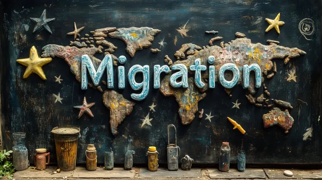 Rustikales Wandbild mit Weltkarte und Migration-Schriftzug