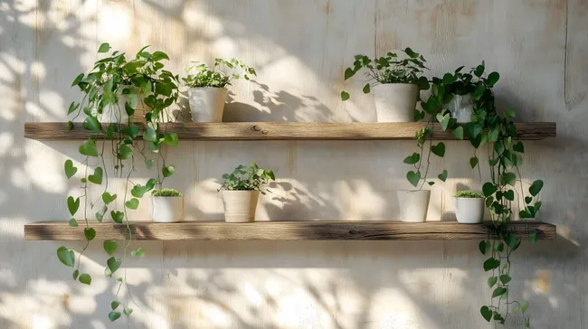 Rustikales Wandregal mit üppiger Grünpflanzendekoration
