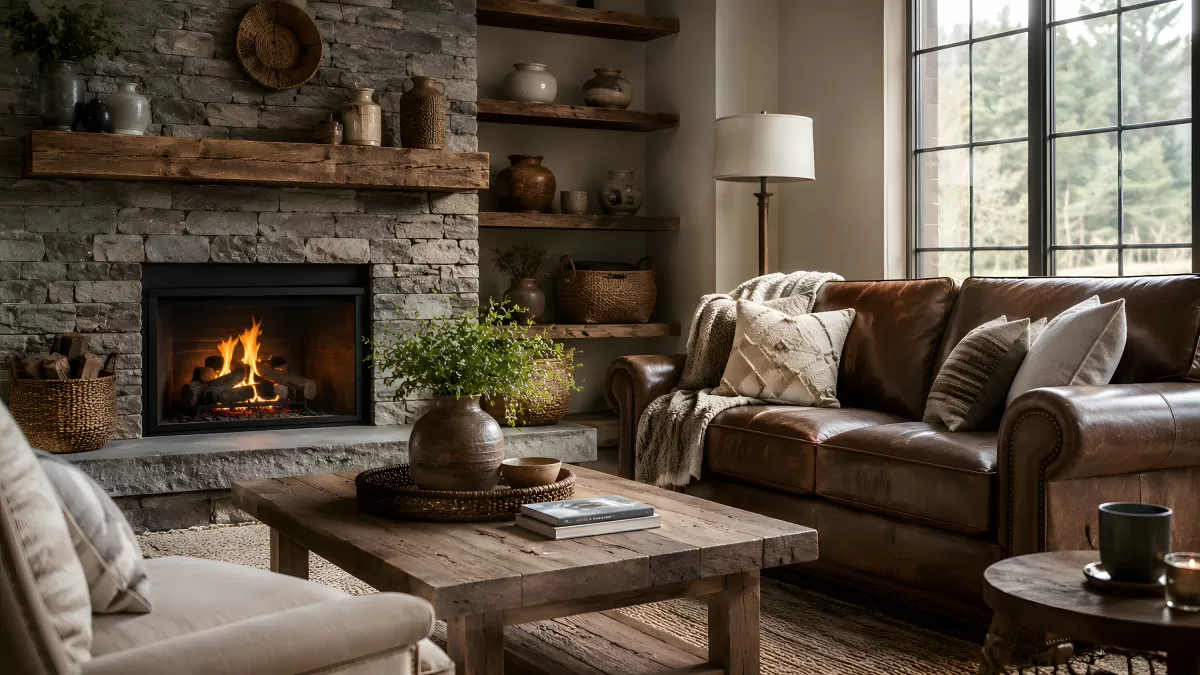 Rustikales Wohnzimmer mit Kamin und Ledersofa