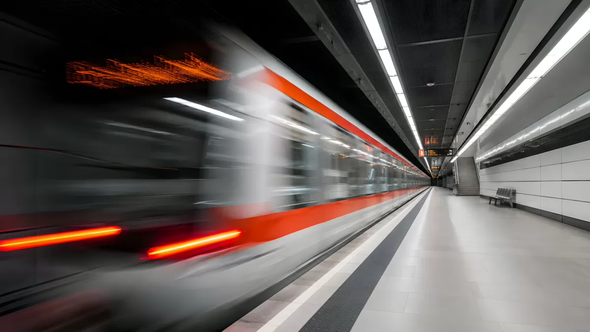 S-Bahn rast durch modernen U-Bahnhof in Bewegungsunschärfe