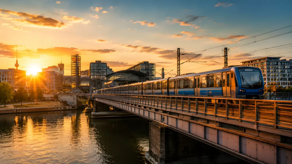 S-Bahn überquert Brücke bei Sonnenuntergang in Berlin