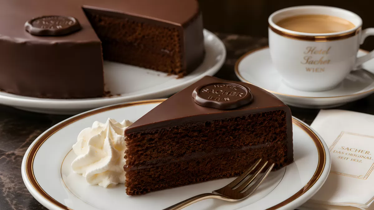 Sachertorte mit Schlagsahne im Hotel Sacher Wien