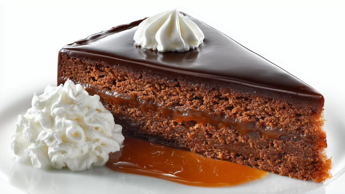 Sachertorte Stück mit Schlagsahne und Marillenmarmelade
