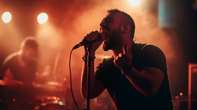 Sänger mit Bart gibt emotionale Bühnenperformance