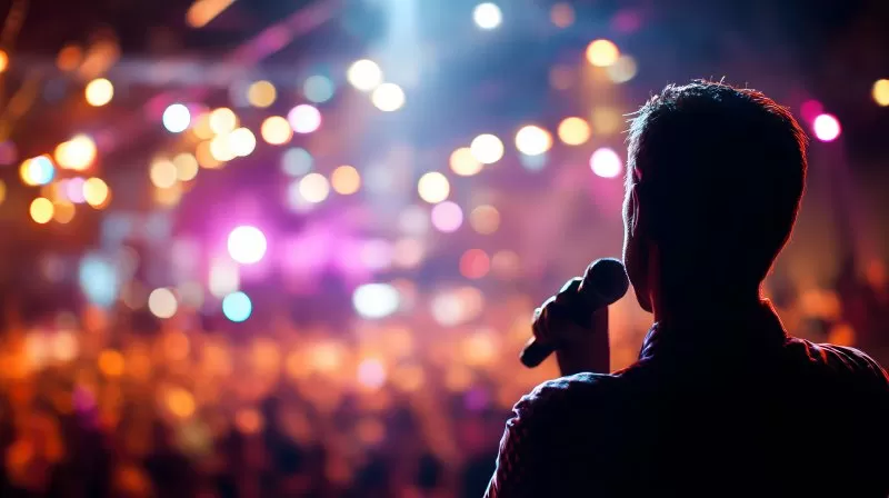 Sänger mit Mikrofon vor buntem Publikum