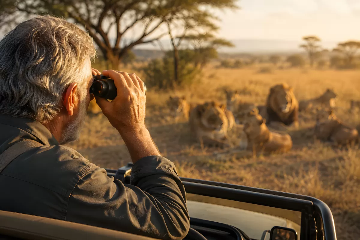 Safari-Beobachter mit Fernglas vor Löwenrudel
