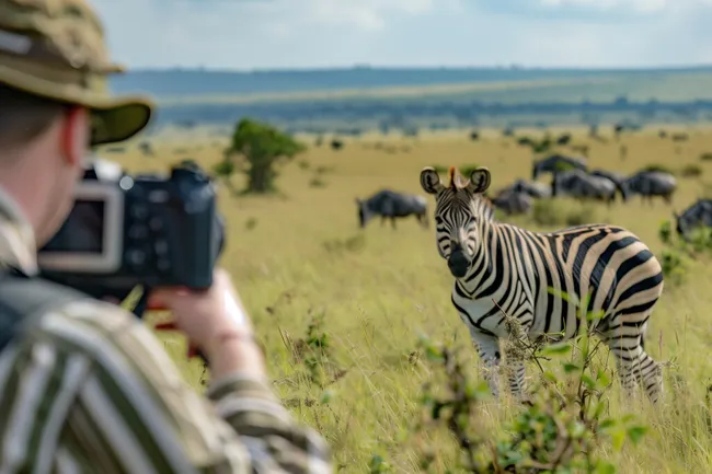 Safari-Fotograf beobachtet Zebra in der Savanne