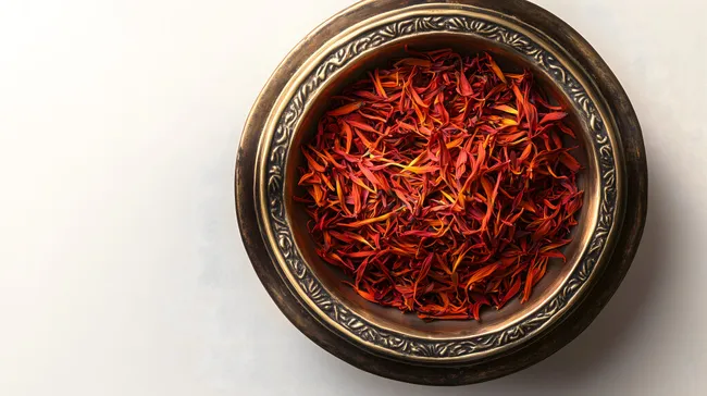 Safranfäden in reich verzierter Schale