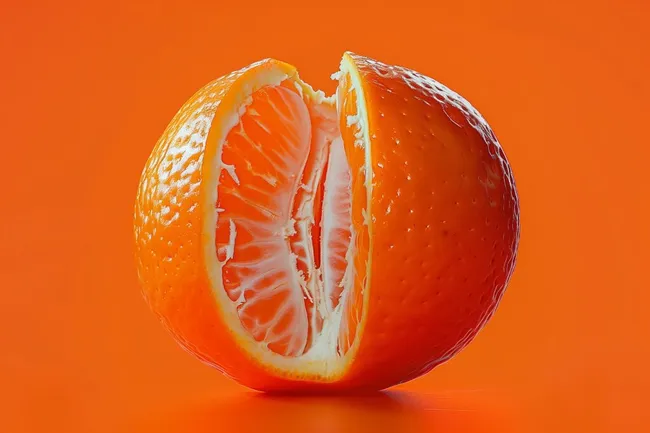 Saftig aufgeschnittene Orange auf orangefarbigem Hintergrund