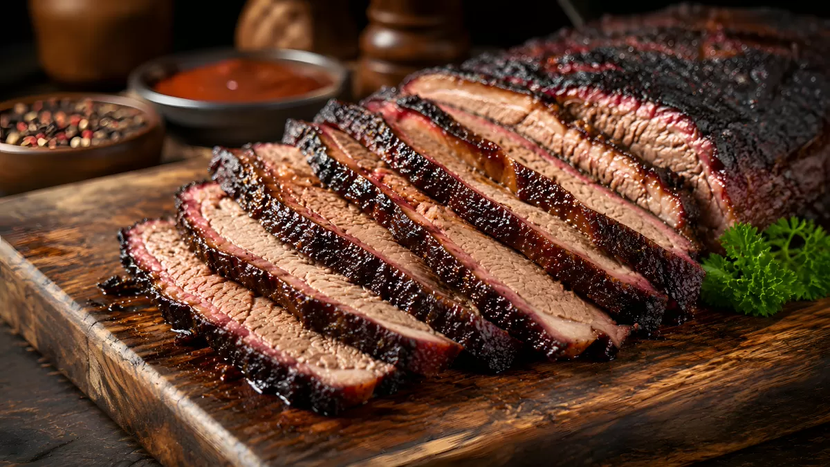 Saftig aufgeschnittenes Brisket auf Holzbrett