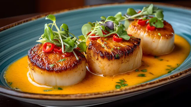 Saftig gebratene Jakobsmuscheln in Currysauce