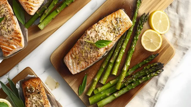 Saftig gegrillter Lachs mit grünem Spargel und Zitrone