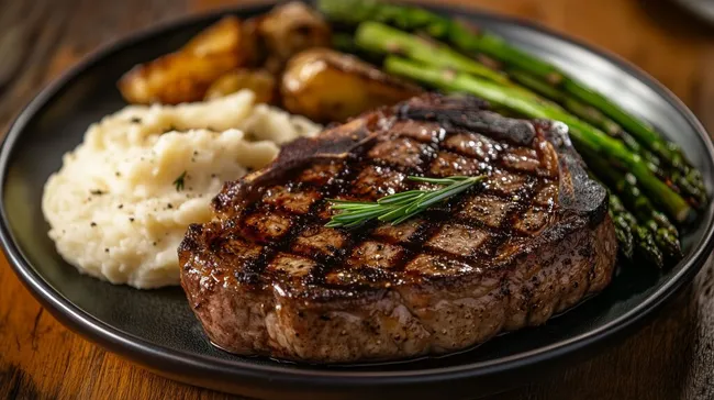 Saftig gegrilltes Steak mit Kartoffelpüree und Spargel