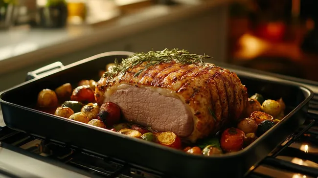 Saftig geschmorter Braten mit Gemüse und Kräutern