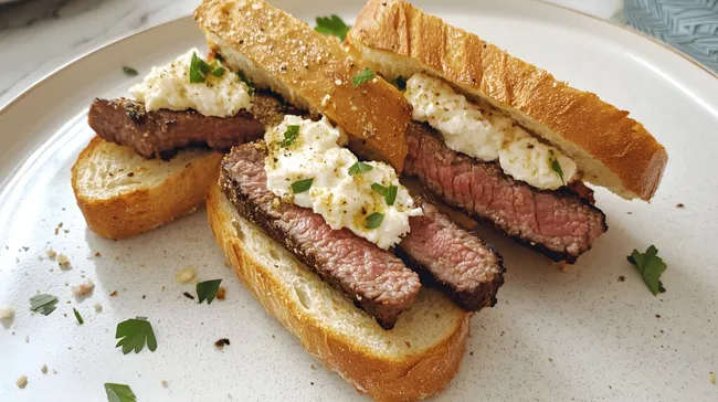 Saftig geschmorter Rindersteak-Sandwich auf Baguette