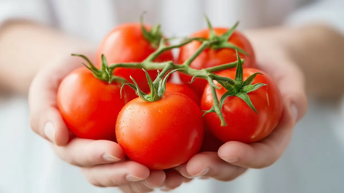 Saftig rote Tomaten in Händen gehalten