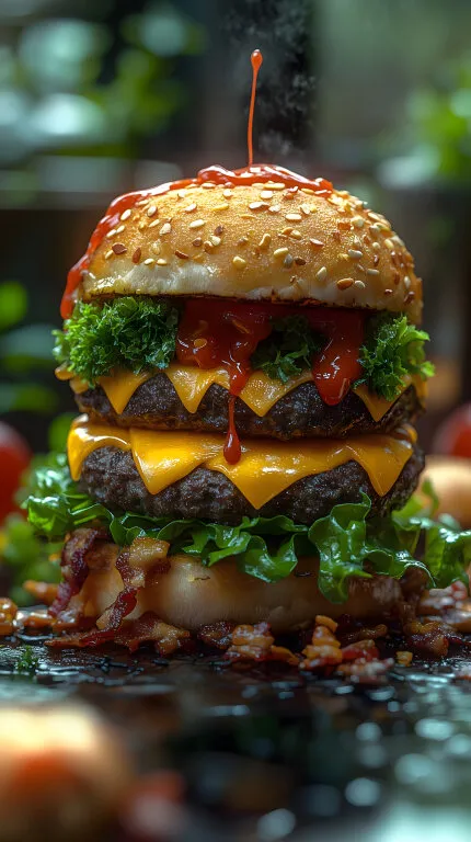 Saftig zubereiteter Doppel-Cheeseburger mit Ketchup