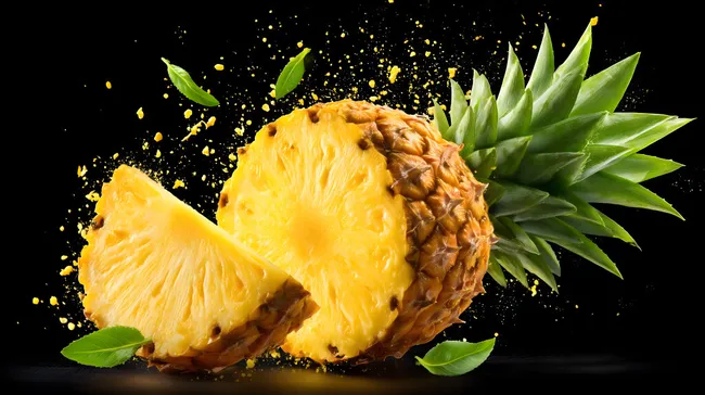 Saftige Ananas mit Spritzern auf schwarzem Hintergrund