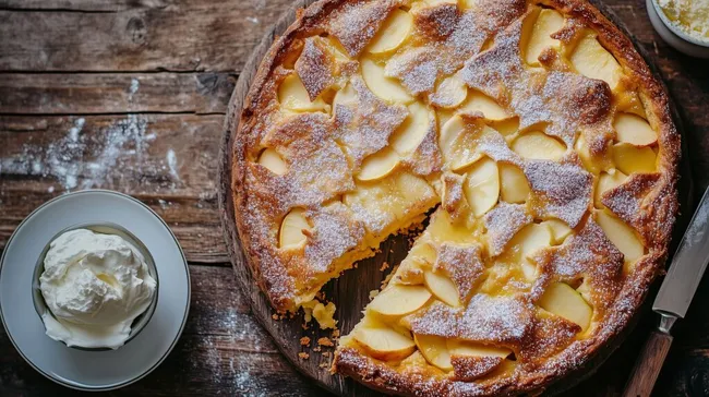 Saftige Apfelkuchen-Scheibe auf rustikalem Holzbrett