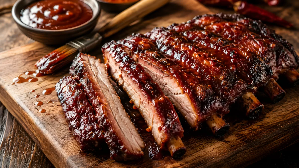 Saftige BBQ-Spareribs auf Holzbrett mit Soße