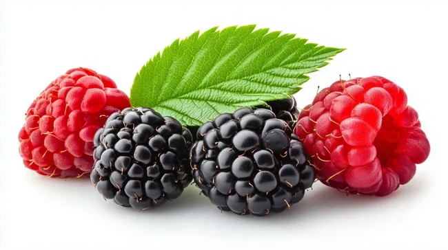 Saftige Brombeeren und Himbeeren auf weißem Hintergrund