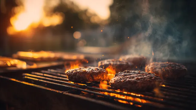Saftige Burger brutzeln auf Holzkohlegrill mit Flammen