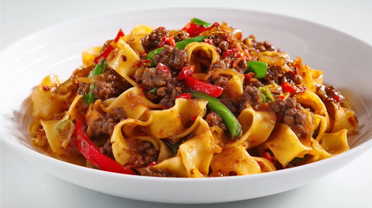 Saftige Chili Hackpfanne mit Bandnudeln im Teller