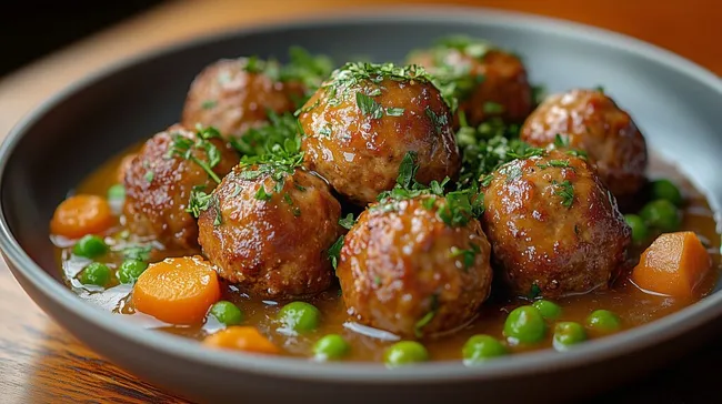 Saftige Fleischbällchen mit Gemüse in üppiger Soße