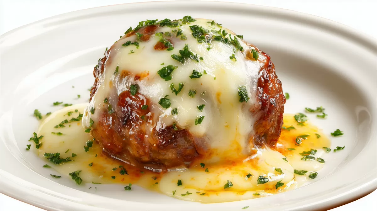 Saftige Fleischkugel mit geschmolzenem Käse auf Teller