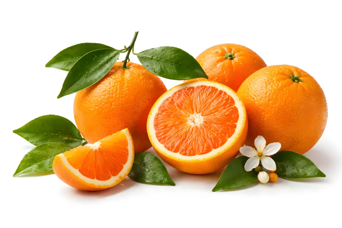 Saftige, frisch gepflückte Orangen mit grünen Blättern