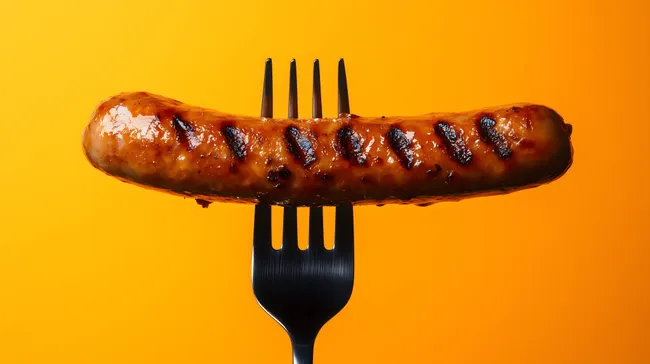 Saftige Gegrillte Bratwurst auf schwarzer Gabel