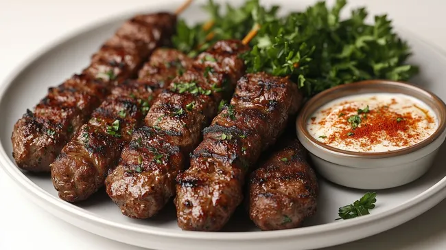 Saftige, gegrillte Rindsköfte mit frischen Kräutern und würziger Sauce