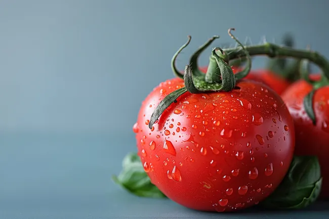 Saftige, glänzende Tomate mit Wassertropfen