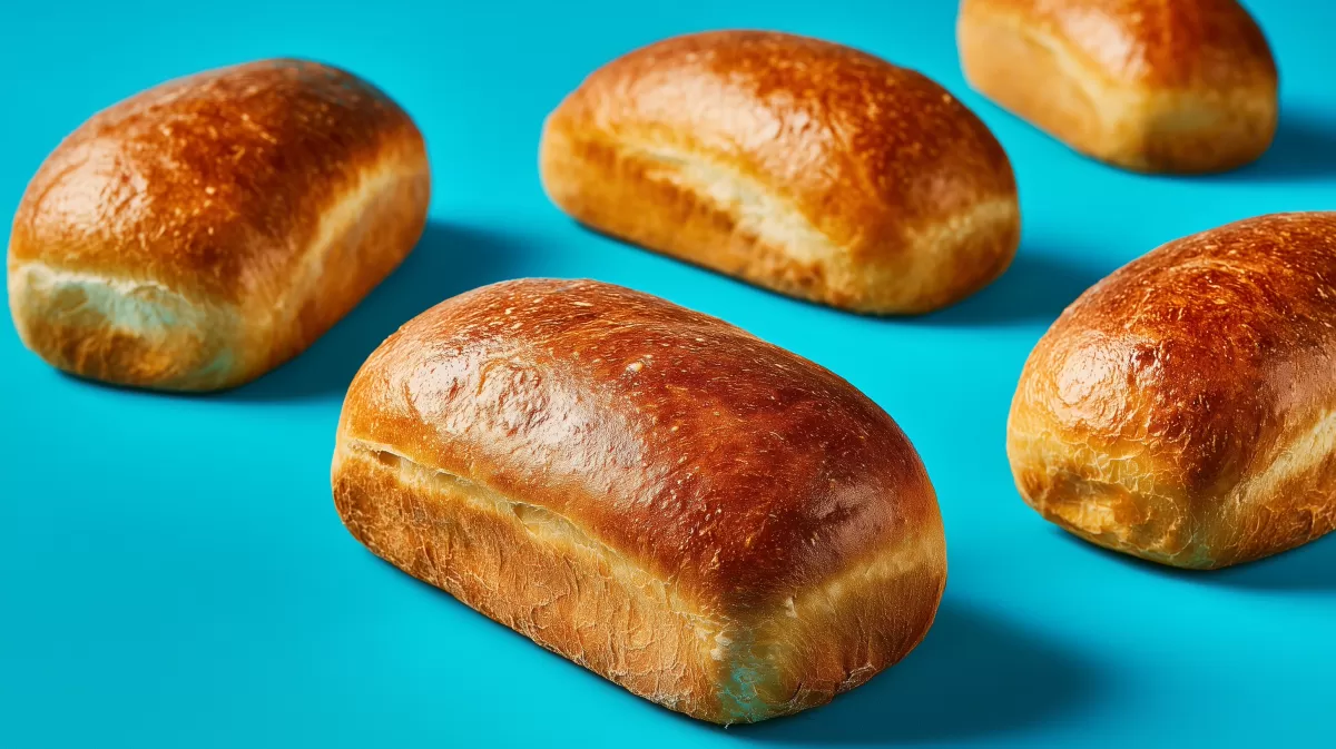 Saftige goldene Brötchen auf blau-türkisem Hintergrund