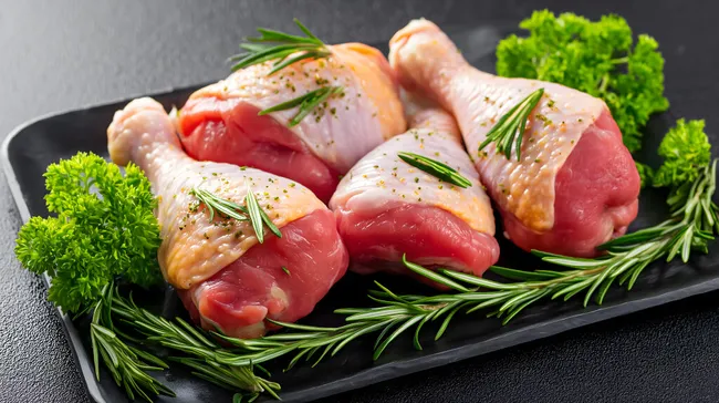 Saftige Hähnchenschenkel mit Kräutern auf dunklem Hintergrund