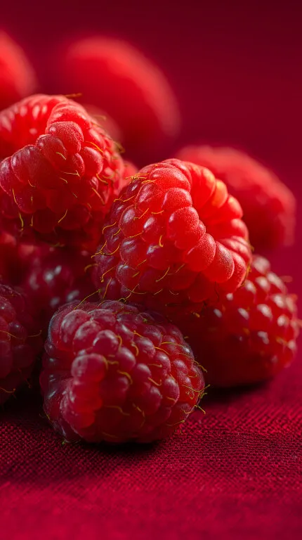 Saftige Himbeeren auf roter, strukturierter Oberfläche