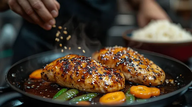 Saftige Hühnchenbrust mit karamellisierten Zwiebeln und Sesam