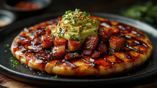 Saftige japanische Okonomiyaki-Pfannkuchen mit BBQ-Schweinefleisch