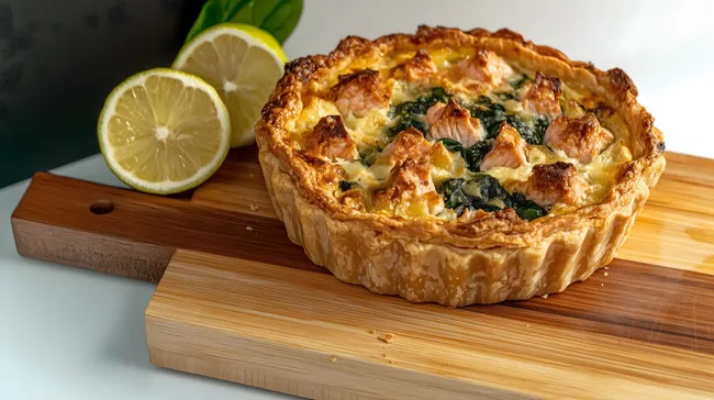 Saftige Lachs-Spinat-Quiche auf Holzbrett