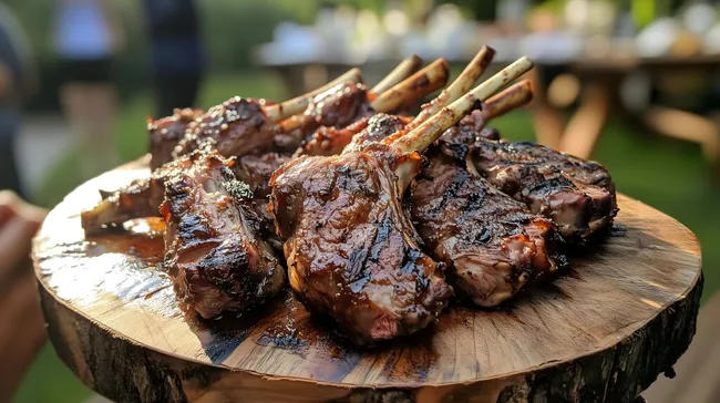 Saftige Lammkoteletts auf rustikalem Holzbrett