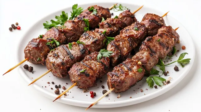 Saftige Lammspieße mit Gewürzen und frischen Kräutern