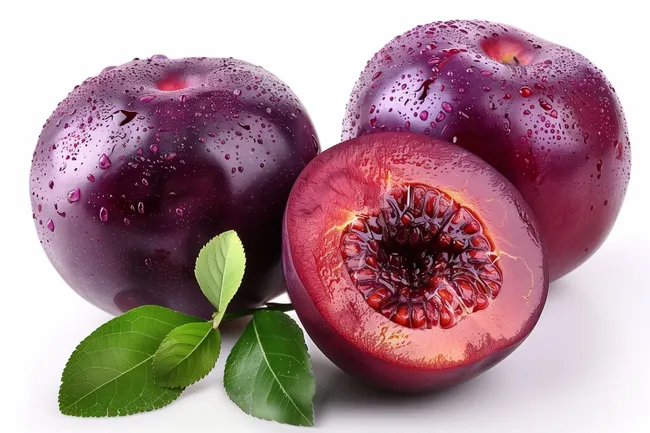 Saftige lila Pflaumen mit Wassertropfen