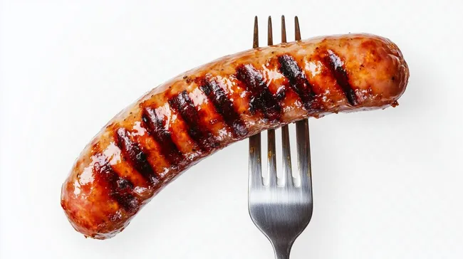 Saftige, marinierte Bratwurst auf Gabel